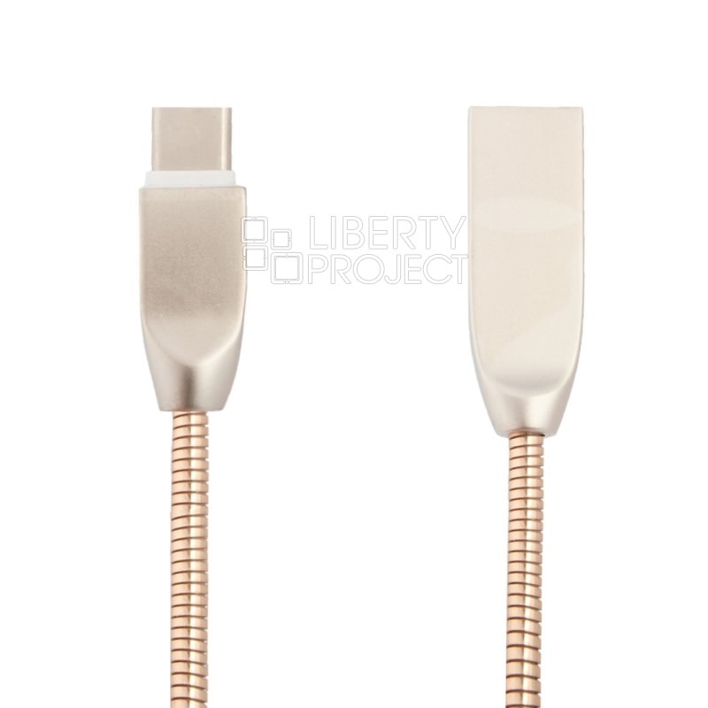 USB кабель "LP" USB Type-C "Панцирь" в металлической оплетке (золотой/коробка)