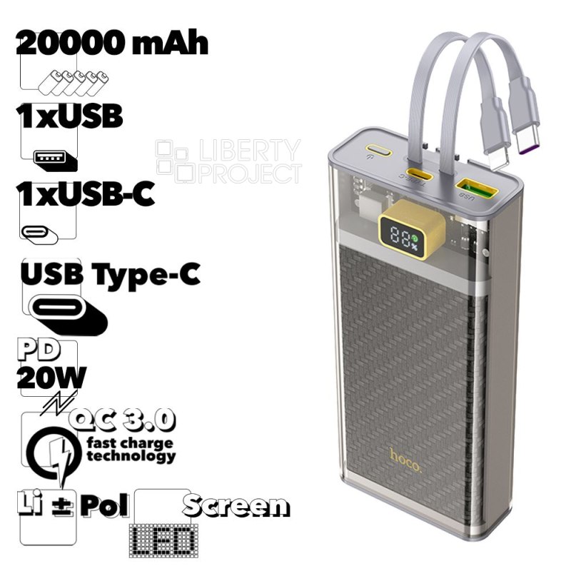 Внешний АКБ HOCO J104A Discovery 20000 mAh, 1xUSB, 1xUSB-C, 3А, QC 3.0, PD20W, LED дисплей, интегр кабель Type-C/Lightning 8-pin, Li-Pol (серый)