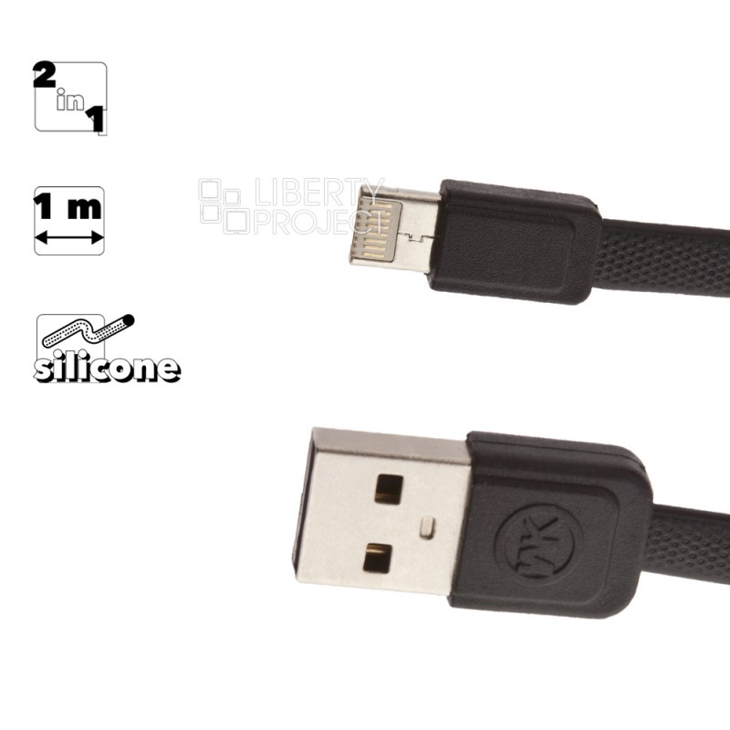 USB кабель WK WDC-009 Lightning 8-pin/MicroUSB, 2в1, двусторонний, 1м, силикон (черный)