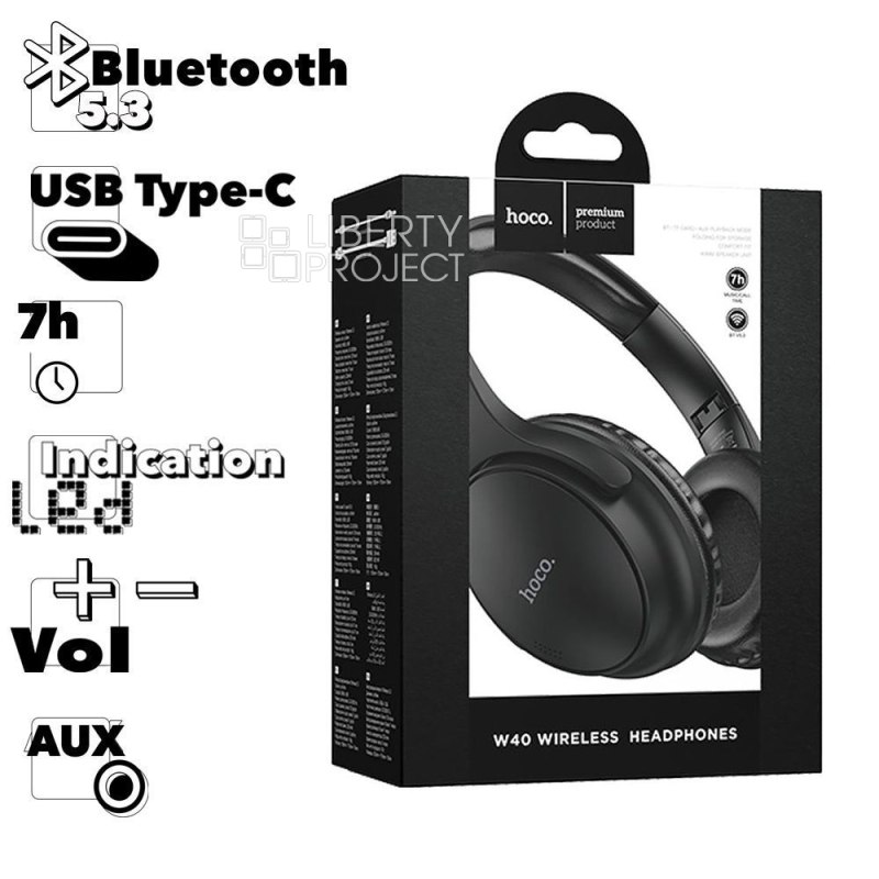 Bluetooth гарнитура HOCO W40 Mighty BT 5.3, AUX, microSD, накладная, громкость +/- (черный) мятая (0L-00057084)