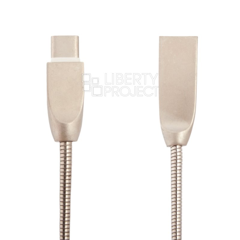 USB кабель "LP" USB Type-C "Панцирь" в металлической оплетке (серебряный/коробка)