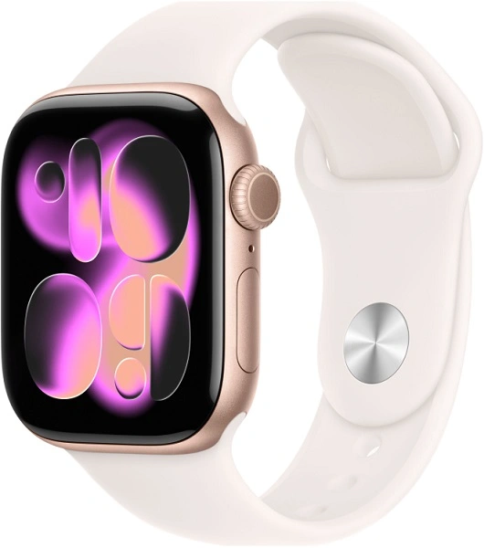 Apple Watch Series 11, 42 мм, корпус из алюминия цвета «розовое золото», спортивный ремешок цвета «светлый румянец» S/M (MEU04)