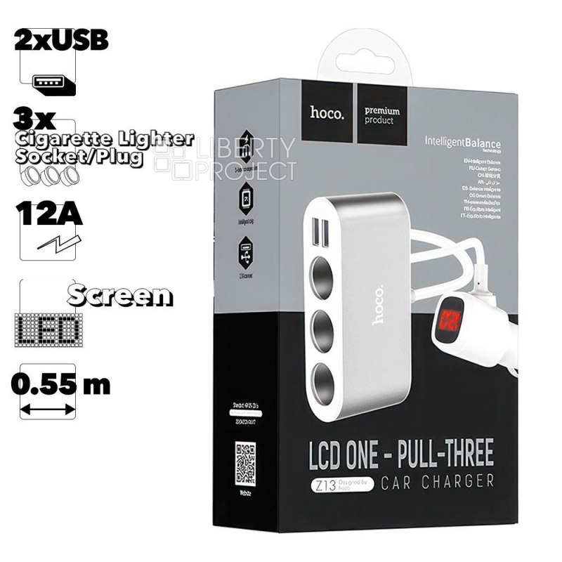 АЗУ разветвитель прикуривателя HOCO Z13 2xUSB, 3.1А, LED дисплей, 3 гнезда прикуривателя, 0.55м (белый)