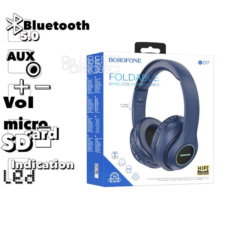 Bluetooth гарнитура BOROFONE BO17 BT 5.0, 3.5мм, накладная, громкость +/- (синий) мятая упаковка