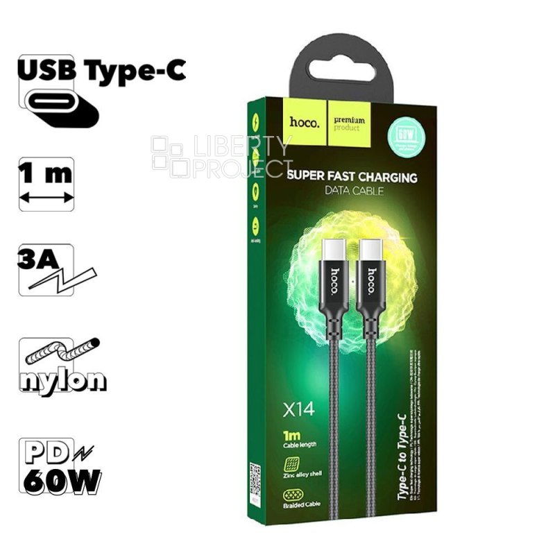 USB-C кабель HOCO X14 Double speed Type-C, 3А, PD60W, 1м, нейлон (черный)