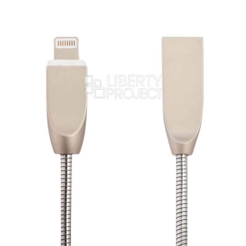 USB кабель "LP" для Apple Lightning 8-pin "Панцирь" в металлической оплетке (серебряный/коробка)