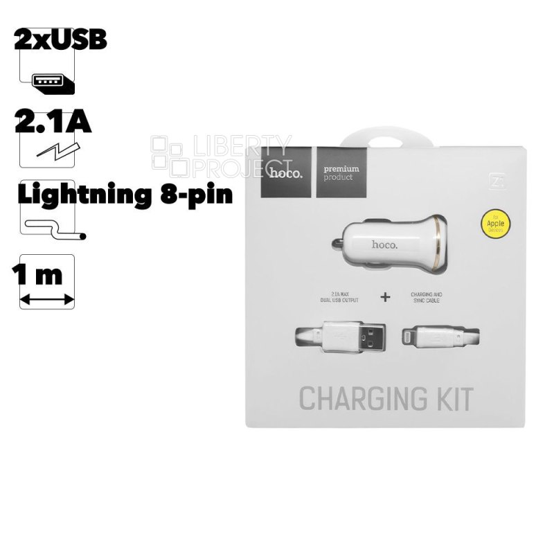 АЗУ HOCO Z1 2xUSB, 2.1А + USB кабель Lightning 8-pin, 1м (белый)