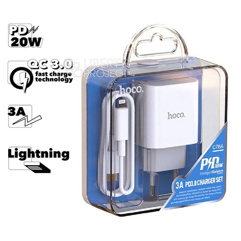 СЗУ HOCO C76A Plus Speed source 1xUSB-C, 3А, PD20W, QC3.0 + USB-C кабель Lightning 8-pin, 1м (белый)