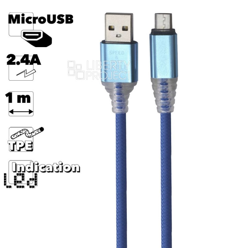 USB кабель "LP" Micro USB "Змея" LED TPE (синий/блистер)