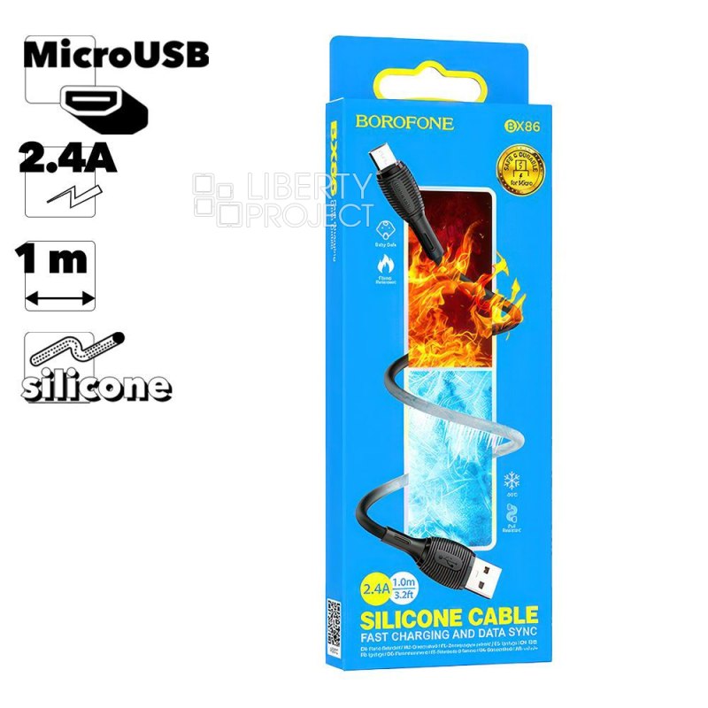 USB кабель BOROFONE BX86 Advantage MicroUSB, 2.4А, 1м, силикон (черный) мятая
