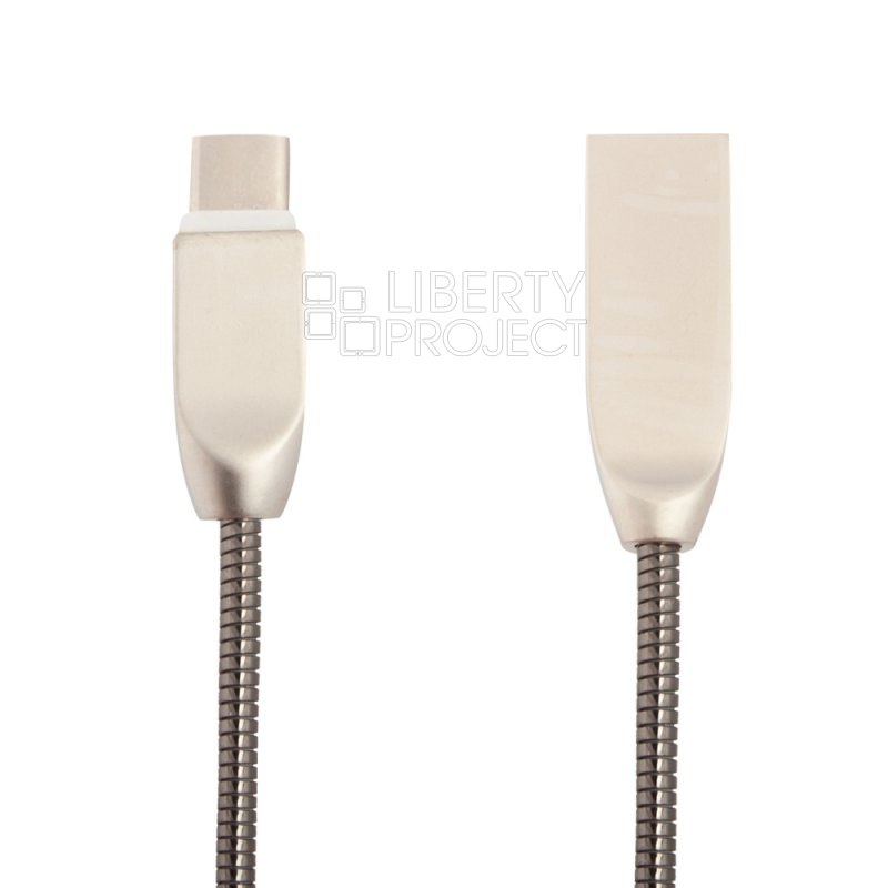 USB кабель "LP" USB Type-C "Панцирь" в металлической оплетке (черный/коробка)