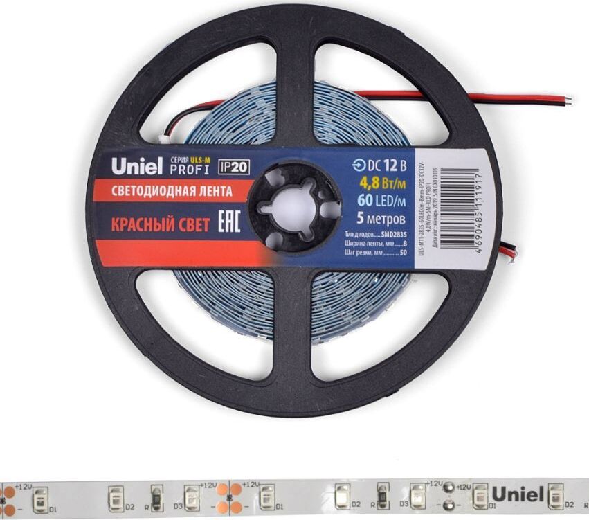 СВЕТОДИОДНЫЕ ЛАМПЫ, ЛЕНТЫ UNIEL (UL-00004361) ULS-M11-2835-60LED/M-8MM-IP20-DC12V-4,8W/M-5M-RED PROFI