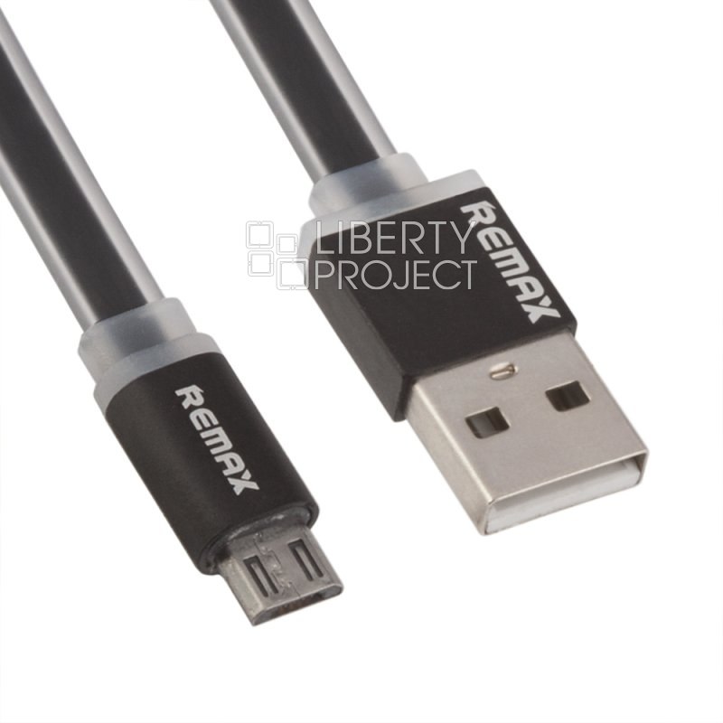 USB кабель "РЕМАКС" MicroUSB, плоский, с золотым коннектором, пластиковые разьемы, 1м, TPE (черный)