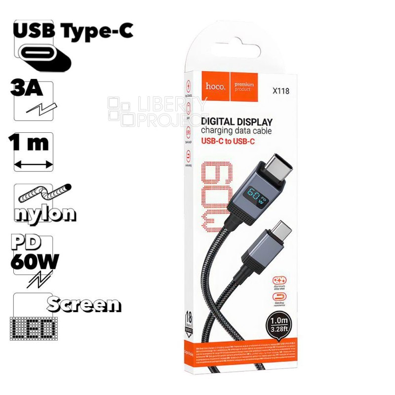USB-C кабель HOCO X118 Generous Type-C, PD60W, LED дисплей, 1м, нейлон (черный)