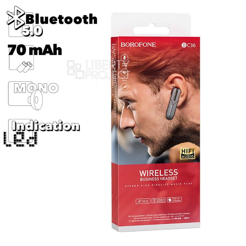 Bluetooth моногарнитура BOROFONE BC36 Lucky BT 5.0, внутриканальная (черный)