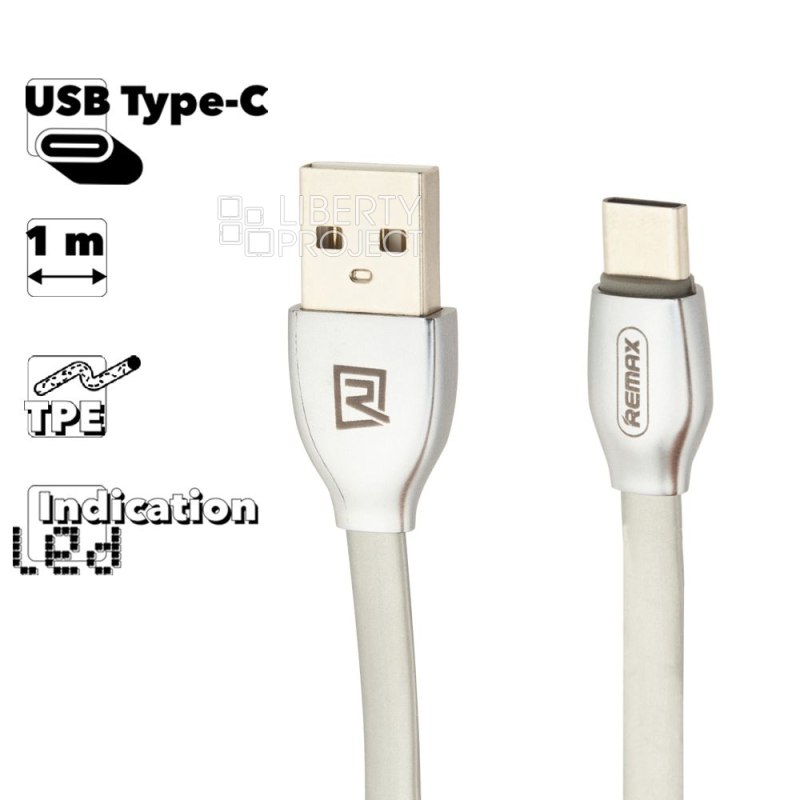 USB кабель REMAX RC-035a Laser Type-C, 2.4А, LED, 1м, TPE (белый)