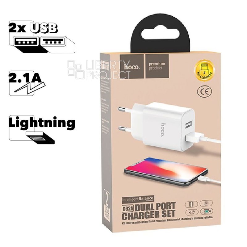 СЗУ HOCO C62A Victoria 2xUSB, 2.1А + USB кабель Lightning 8-pin, 1м (черный)