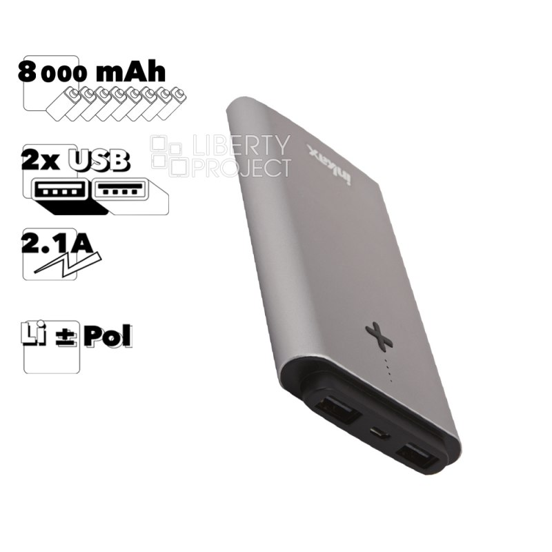 Внешний АКБ inkax PV-22 Super Alloy 8000mAh, 2хUSB, 2.1А, Li-Pol (серый)
