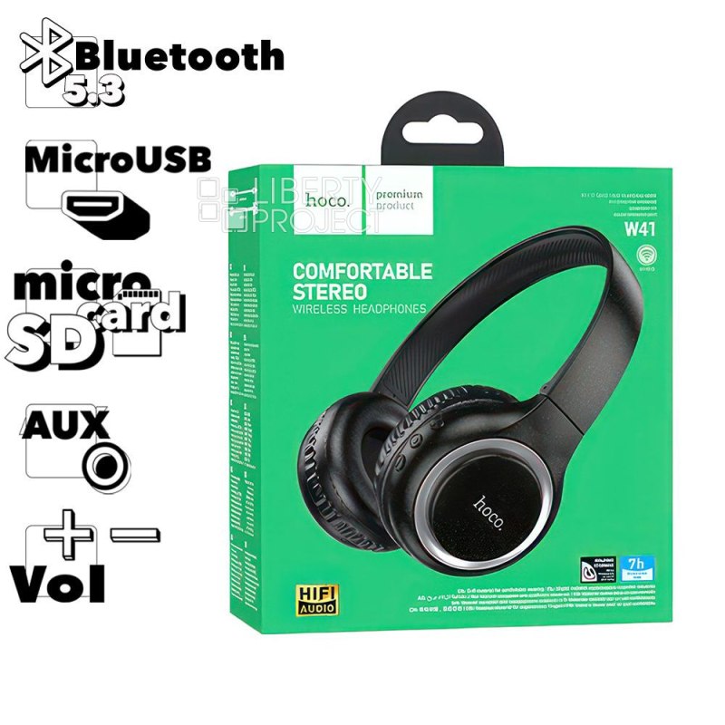Bluetooth гарнитура HOCO W41 Charm BT 5.3, AUX, microSD, накладная, громкость +/- (черный) мятая