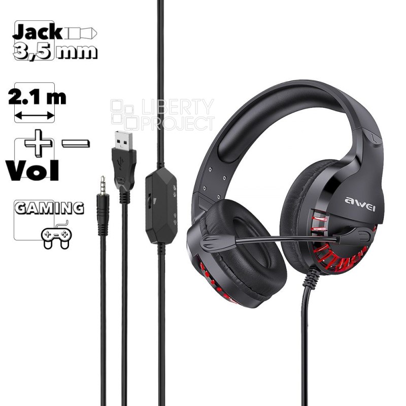 Гарнитура игровая AWEI ES-770i 3.5мм, накладная, громкость +/-, LED, 2.1м (черный)