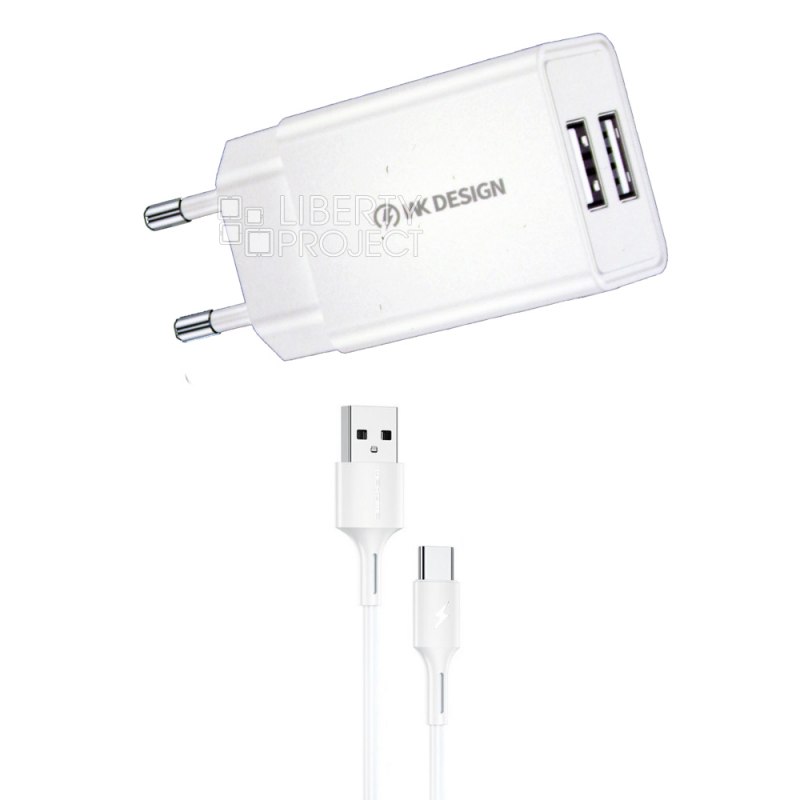 СЗУ WK WP-U119a 2xUSB, 2А + кабель USB Type-C, 1м (белый)