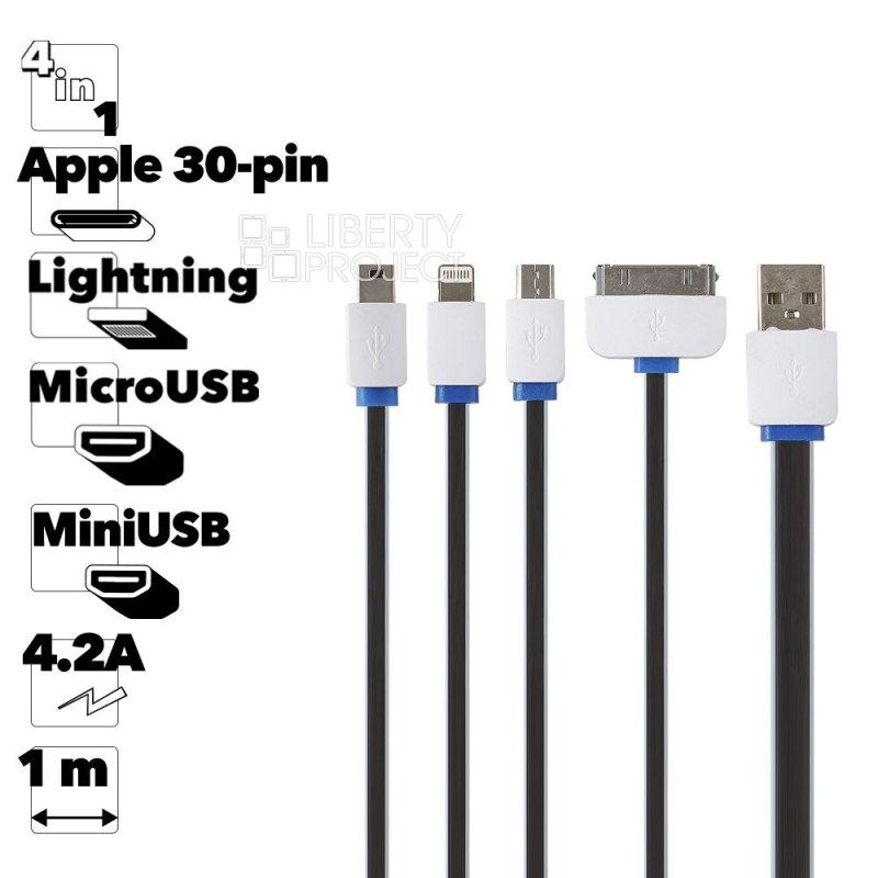 USB кабель "LP" 4 в 1 для подзарядки для Apple Lightning 8-pin/30 pin/MicroUSB/MiniUSB плоский (черный/белый/син.)