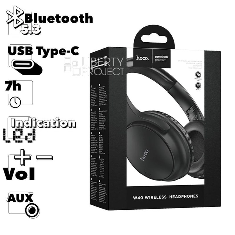 Bluetooth гарнитура HOCO W40 Mighty BT 5.3, AUX, microSD, накладная, громкость +/- (черный)