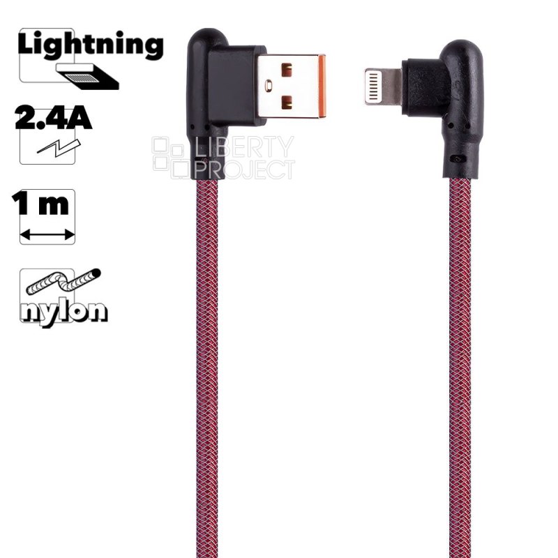 USB кабель "LP" для Apple Lightning 8-pin Г-коннектор оплетка леска (красный/блистер)