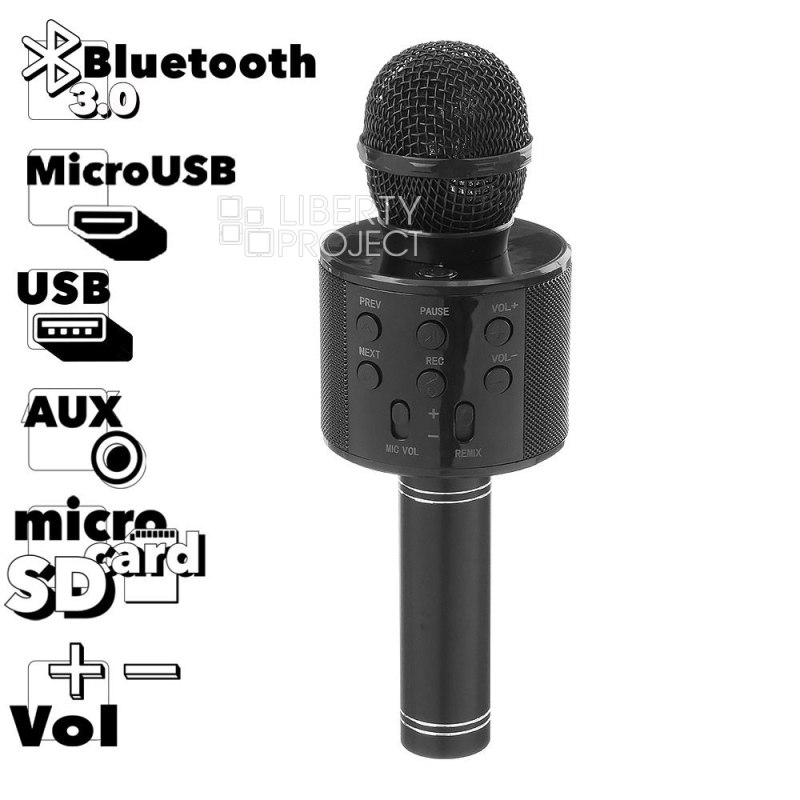 Караоке микрофон-колонка WSTER WS-858 Bluetooth/USB/Line-In/Out (черный/коробка)