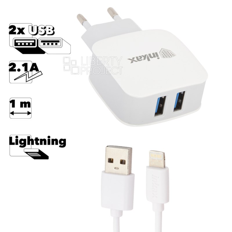 СЗУ inkax CD-28 Nice Trip 2xUSB, 2.1А + кабель Lightning 8-pin 1м (белый)