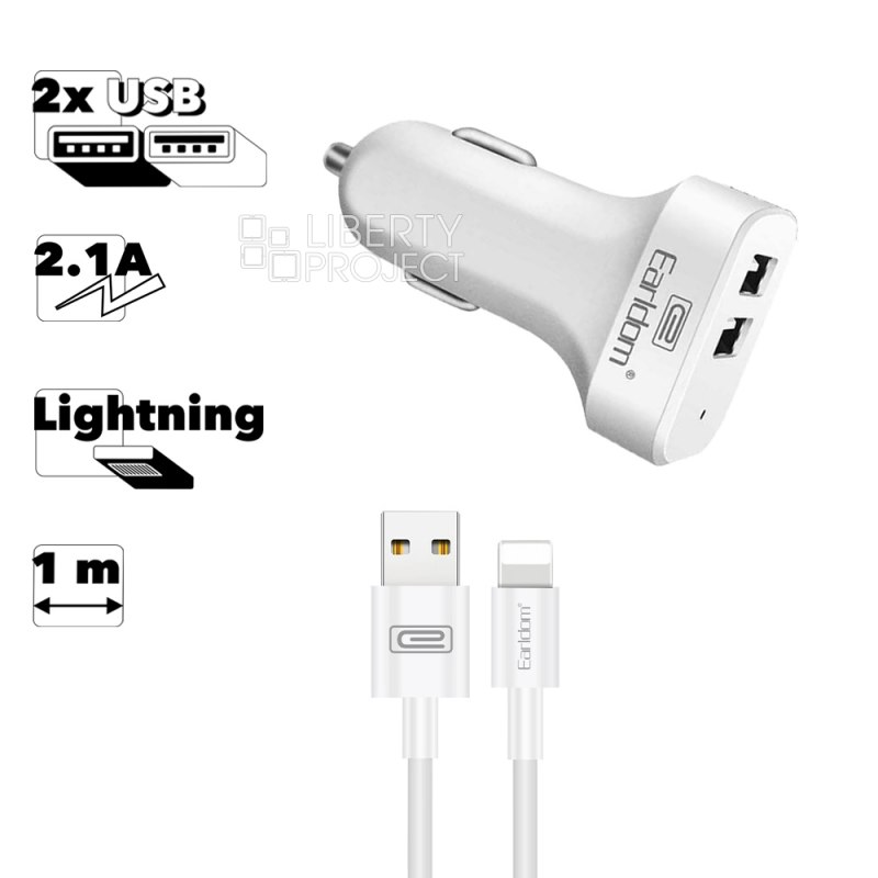АЗУ Earldom ES-131I 2xUSB, 2.1A + кабель Lightning 8-pin, 1м (белый)