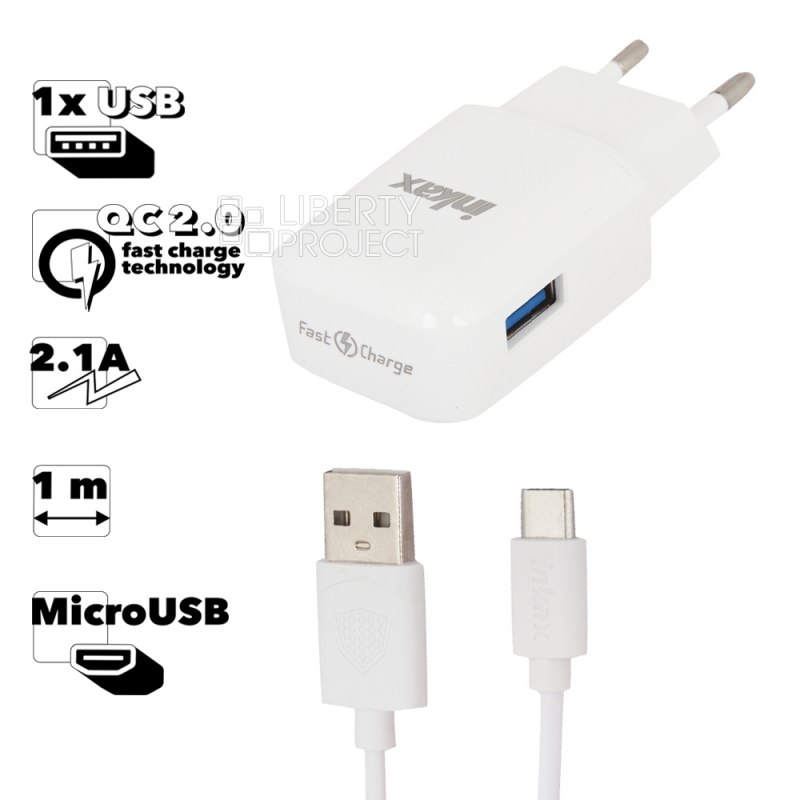 СЗУ inkax CD-24 Chic 1хUSB, QC 2.0 2.1А + кабель MicroUSB 1м (белый)