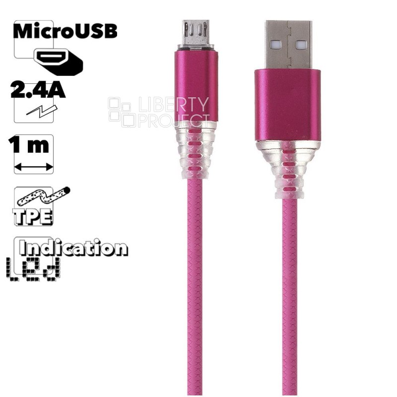 USB кабель "LP" Micro USB "Змея" LED TPE (розовый/блистер)