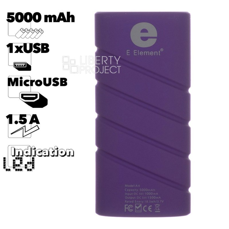 Внешний АКБ E-Element 5000 mAh, 1xUSB, 1.5А, встроенный фонарик, Li-Pol (фиолетовый)