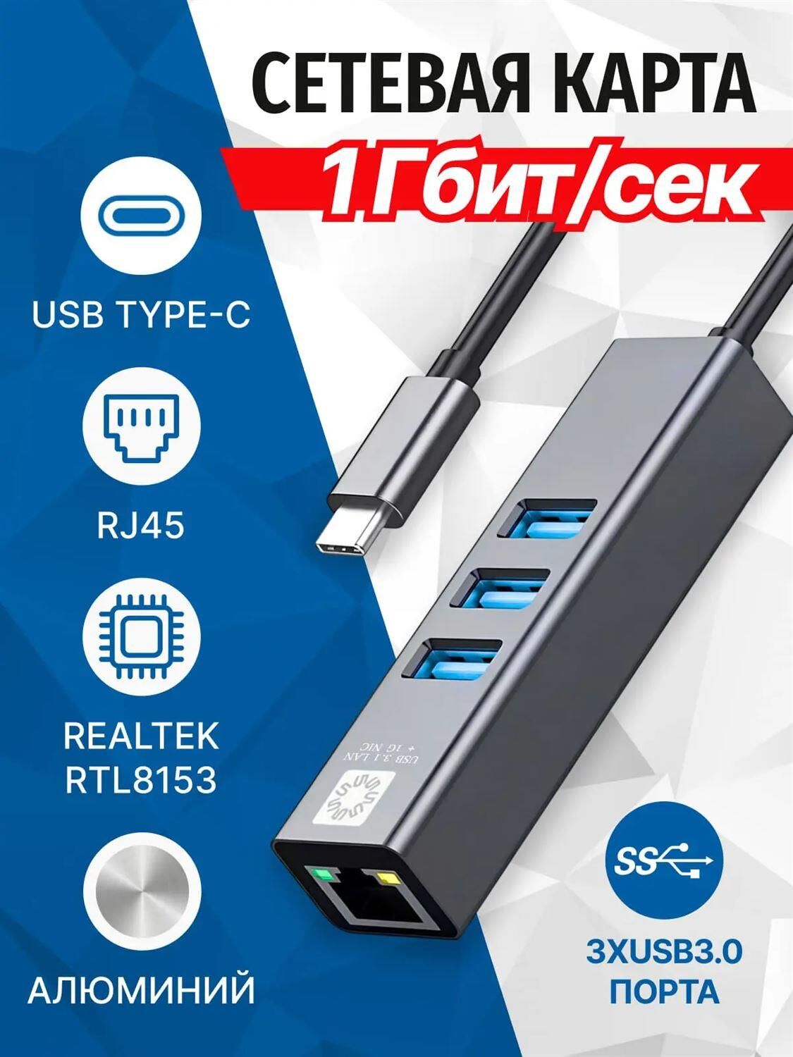 Кабель адаптер 5BITES UA3C-45-12BK USB3.1 / 3*USB3.0 / RJ45 1G / AL / GREY