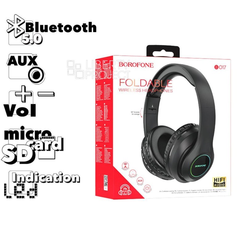 Bluetooth гарнитура BOROFONE BO17 BT 5.0, 3.5мм, накладная, громкость +/- (черный) мятая упаковка