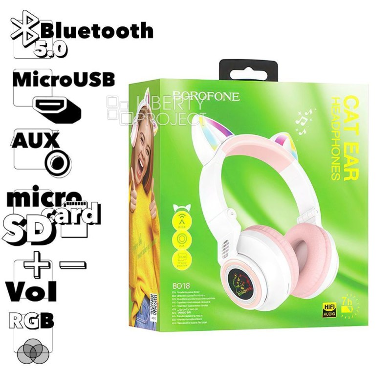 Bluetooth гарнитура BOROFONE BO18 Cat BT 5.0, 3.5мм, MicroSD, накладная (белый) мятая упаковка