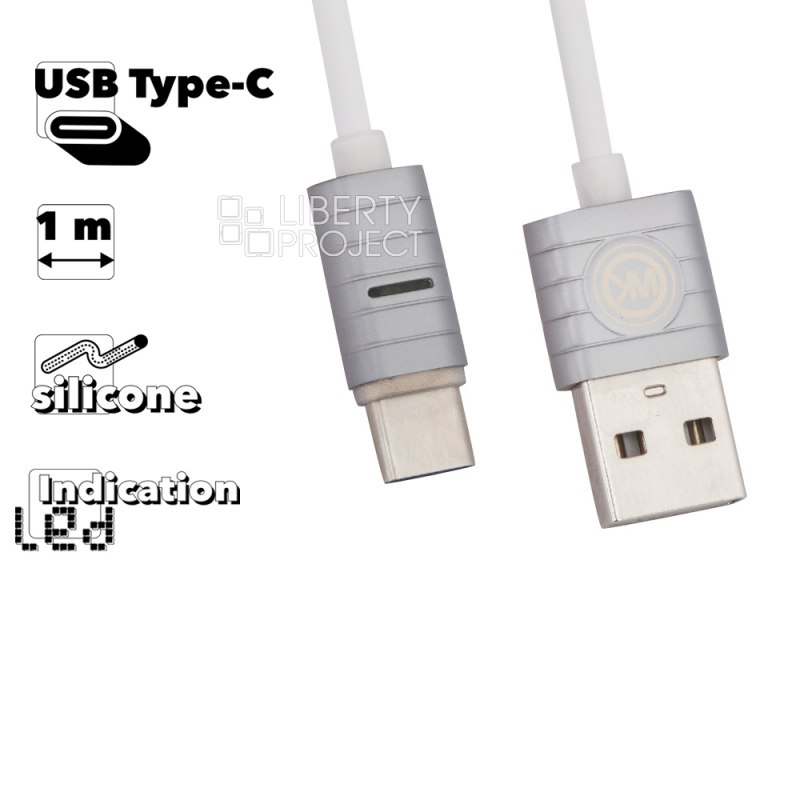 USB кабель WK WDC-045 Thoor Type-C, LED, 1м, силикон (белый)