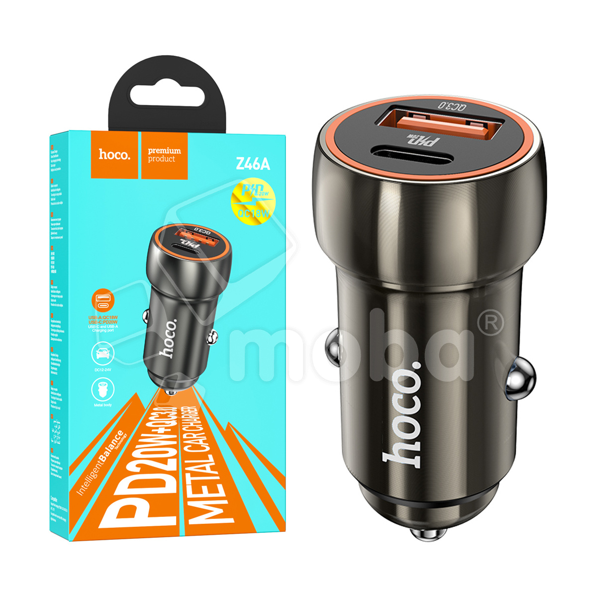 Автомобильное зарядное устройство USB/Type-C Hoco Z46A (20W, QC3.0, PD, 1Type-C, 1USB) Серый