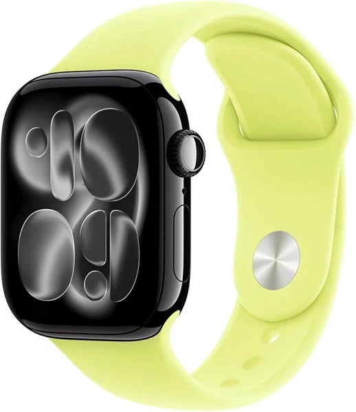 Apple Watch Series 11, 46 мм, корпус из алюминия цвета «чёрная смола», спортивный ремешок цвета «неоново-желтый» S/M (MEW84)