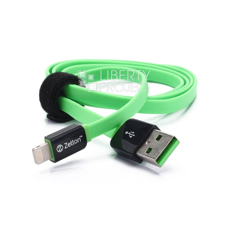 USB кабель передачи данных Zetton Flat разъем Lightning плоский черный с зеленым (ZTLSUSBFCA8BG)