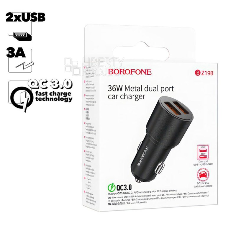 АЗУ BOROFONE BZ19B Wisdom 2xUSB, 3A, QC3.0, 36W (черный)