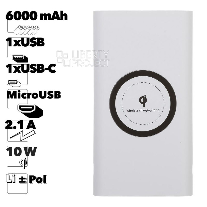 Внешний АКБ 6000 mAh, 1xUSB, 1xUSB-C, 2.1А, Qi 10W, Li-Pol (белый)