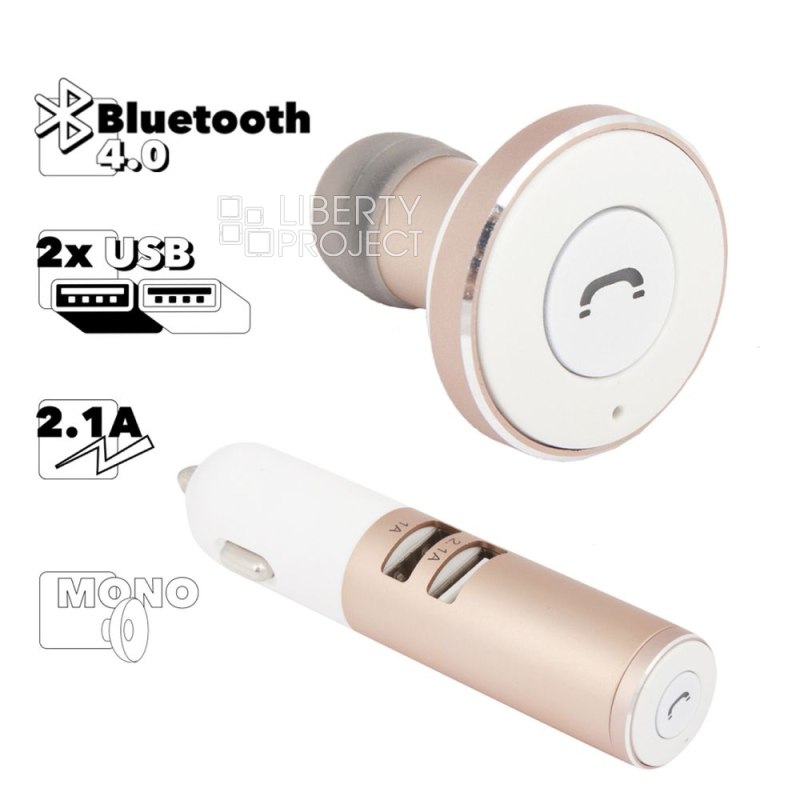 Bluetooth моногарнитура REMAX RB-T11C, BT4.0, внутриканальная, + АЗУ 2xUSB, 2.4A (золотой)