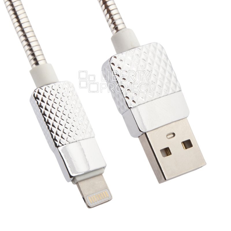 USB кабель "LP" для Apple Lightning 8-pin металлический "Гламурный Ананас" (серебряный/коробка)