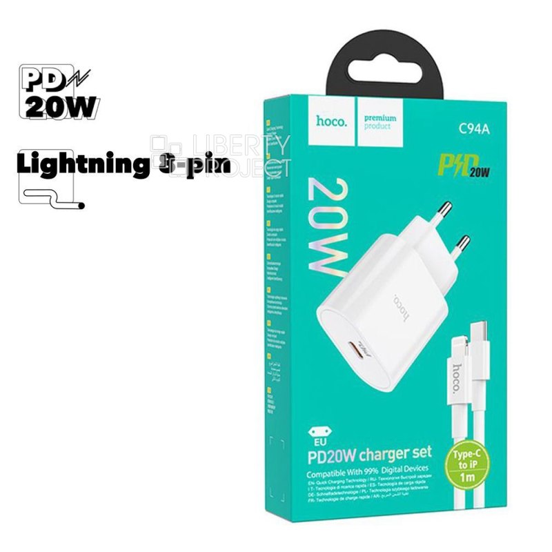 СЗУ HOCO C94A Metro 1xUSB-C, 3А, PD20W + USB-C кабель Lightning 8-pin, 1м (белый)