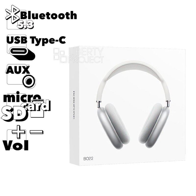 Bluetooth гарнитура BOROFONE BO22 Elegant BT 5.3, 3.5мм, MicroSD, накладная, громкость +/- (серебряный)