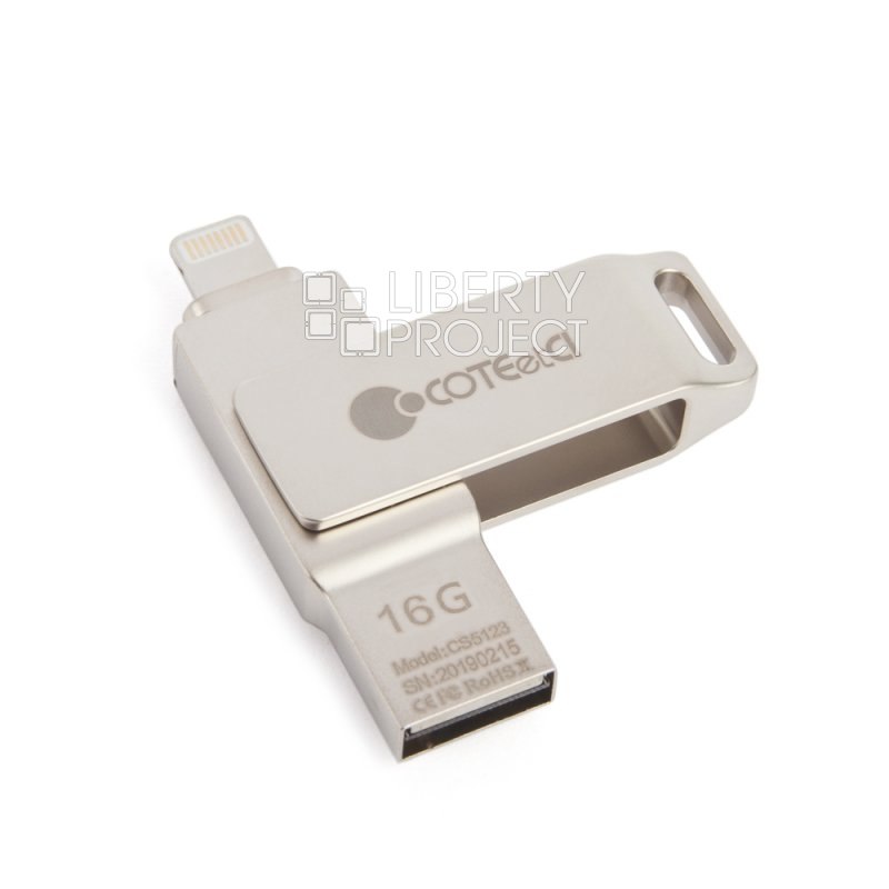 OTG Fiash накопитель COTEetCI U2 Zinc-Alloy iUSB 16Gb для Apple Lightning 8-pin/USB (серебро)