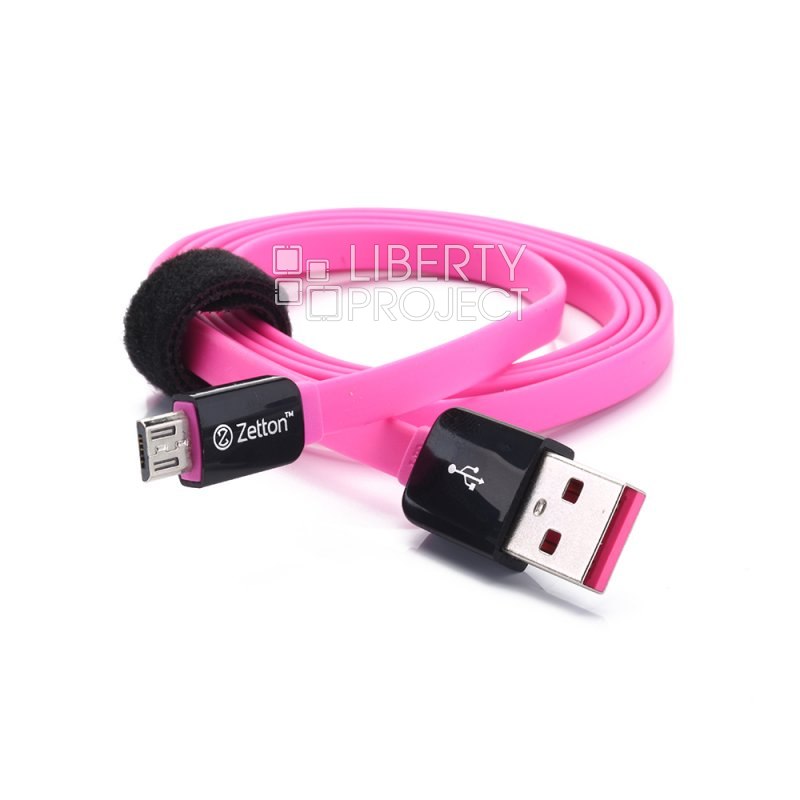 USB кабель передачи данных Zetton Flat разъем Micro USB круглый пластиковые разьемы (черный с розовым) ZTLSUSBFCMCBP