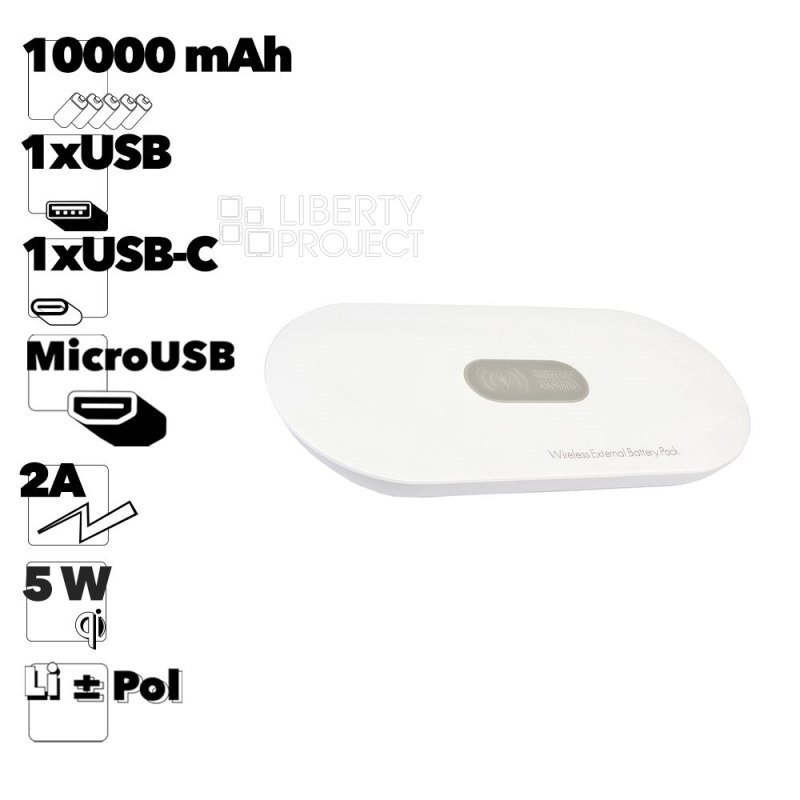 Внешний АКБ LDNIO PW1003 10000 mAh, 1xUSB, 1xUSB-C, 2А, Qi 5W, Li-Pol (белый/коробка)